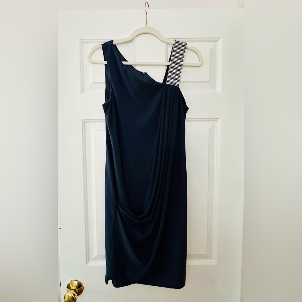 Betsy & Adam One-Shoulder Cocktail Dress with Silver Accent | Blue | Size 10